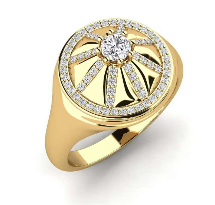 Anillo sello de caballero en oro con diamantes